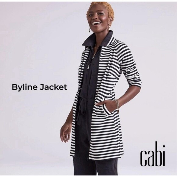 CABI Versatile Knit Byline Jacket Sz S Zip Pockets Nautical Stripe Black White - Picture 1 of 8